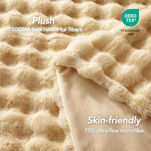 L'AGRATY Faux Rabbit Fur Throw Blanket for Couch, 60''x80'', Milk Tea
