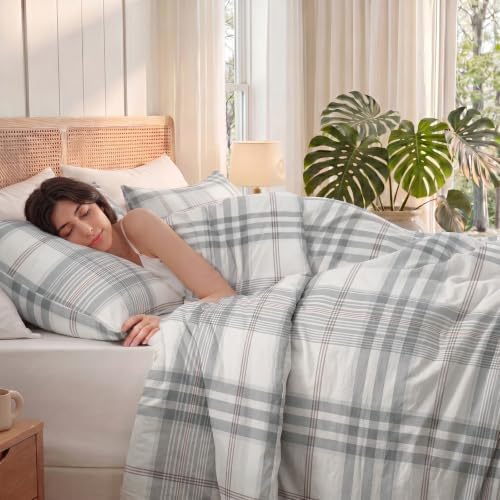Merryword 100% Cotton Gray Plaid Duvet Cover Set, 100% Washed Cotton