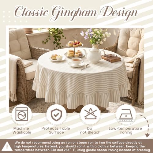 Mindsoft Beige Striped Ruffled Round Tablecloth 70 x 70 Inches