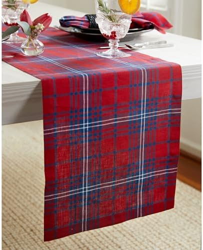 Solino Home 100% Pure Linen Table Runner, 14 x 120 in, Red and Navy
