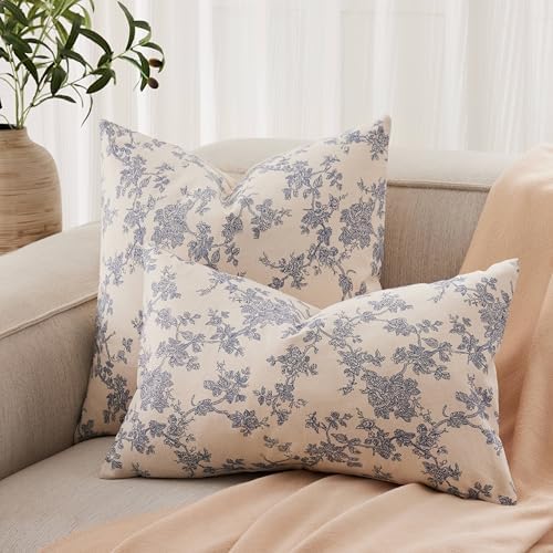 2 Pack French Floral Throw Pillow Covers 22x22in, Blue/Cream