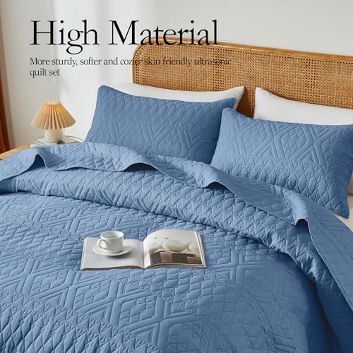 akkialla Full/Queen Quilt Set, Boho Style in a Solid Color, Bluish
