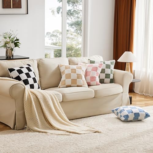 Ohocut Checkered Jacquard Shag Throw Pillow Covers, Pack of 2 Fluffy