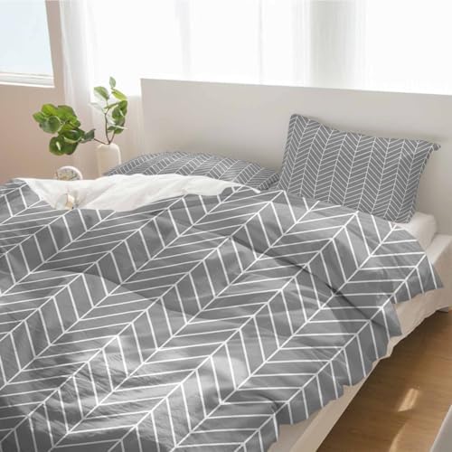 Duvet Cover Set Queen, Abstract Gray White Herringbone Texture 3 Piece