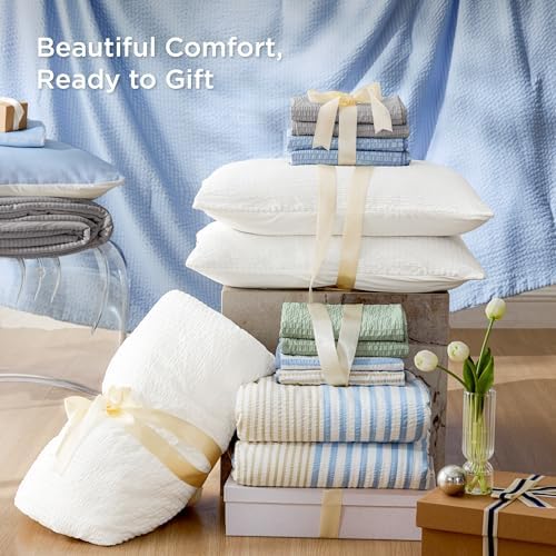 Bedsure Cooling Comforters Queen Size, White Seersucker Cool Bedding