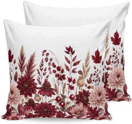 Pillow Covers 18x18 Set of 2, Dark Red Floral Square Throw Pillow