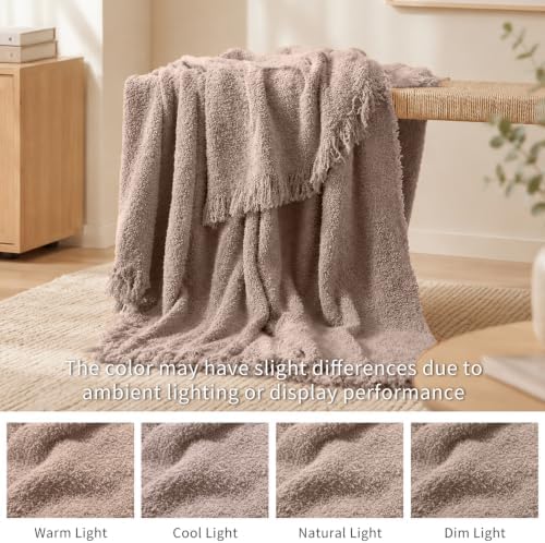Knit Throw Blanket 50x60, Soft Fuzzy Fringe, Taupe