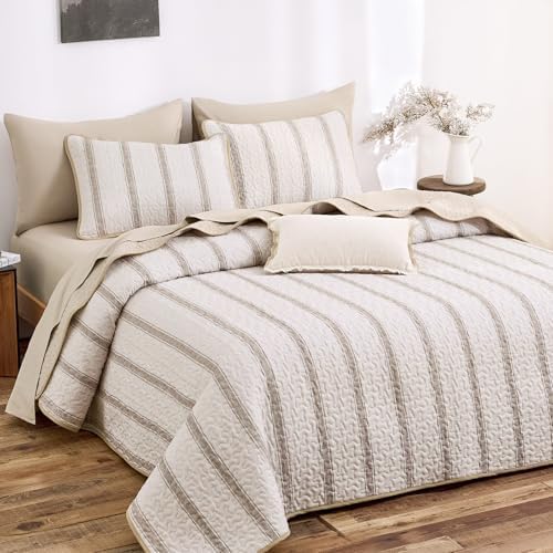 Wake In Cloud Striped Quilt Set, Taupe, King