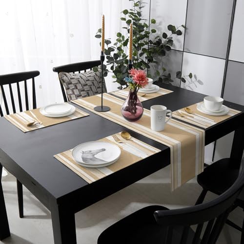 Vintage Tan Brown Striped Table Runner and Placemats for Dining