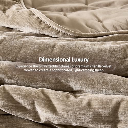 WDCOZY Cloud Soft King Size Quilt Set, Beige Tan Taupe Chenille Velvet