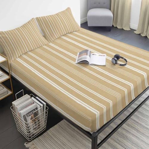 Twin XL Fitted Sheet Deep Pocket, Beige Sand Minimalist Striped Soft