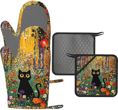 Cat Silicone Oven Mitts and Pot Holders Set Kitchen Gloves Potholders