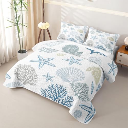 Manfei Coral Starfish Quilt Set Minimal Neutral Coastal Quilt Bedding
