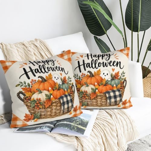 Leaves Plaid Pillow Covers 22x22 Inch Set of 2 Linen for Halloween