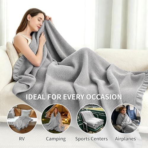 7ya 100% Cotton Queen Blanket, Light Brown, 90"x90"