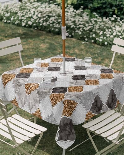 Outdoor Tablecloth with Umbrella Hole and Zipper Brown Damask Pattern