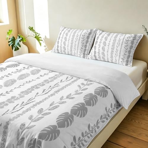3 Pieces Bedding Set King Size, Grey Botanical Soft Duvet Covers Set