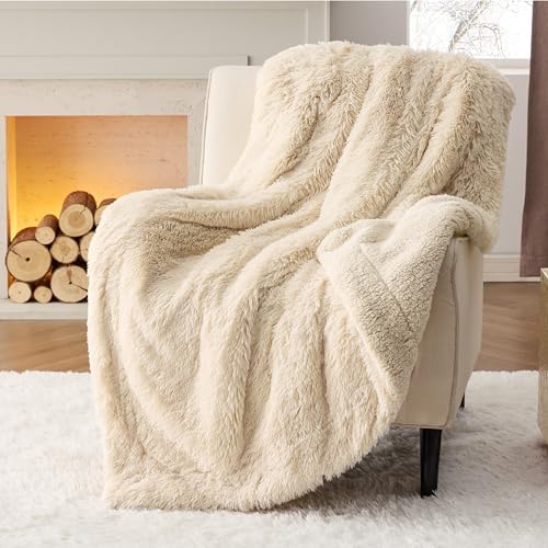 Bedsure Faux Fur Fluffy Sherpa Throw Blanket Couch Twin Beige 60"x80"