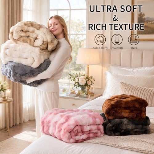 IKALIFE Cozy Bubble Faux Fur King Blanket for Bed, 90x108 Cream