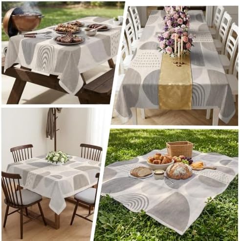 Beige Grey Ombre Geometric Table Cloth, Middle Century Vintage