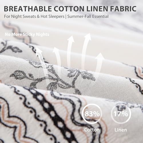 Cotton Linen Duvet Cover King Size, Natural Rose Vine Stripe Textured