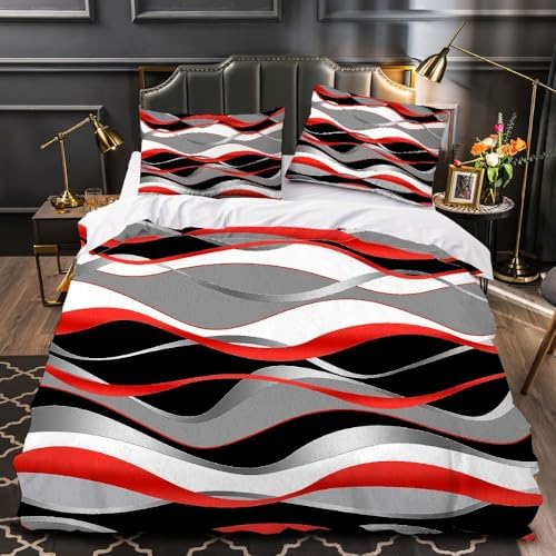 Geometric Stripe Duvet Cover Set King, 3 Pieces Black Gray Red Waves