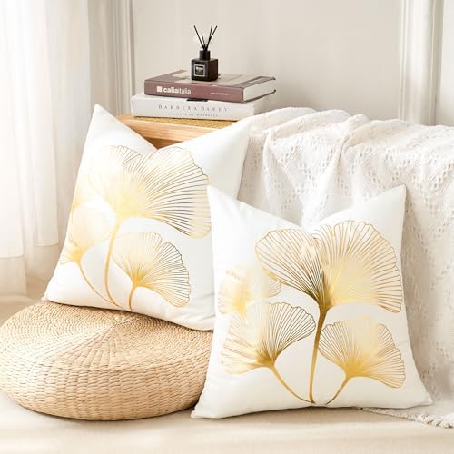 White Decorative Throw Pillow Covers Gold Line Ginkgo Cushion Covers