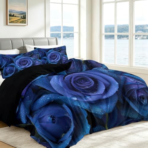 King Duvet Cover Set Romantic Flowers Blue Roses Bedding with
