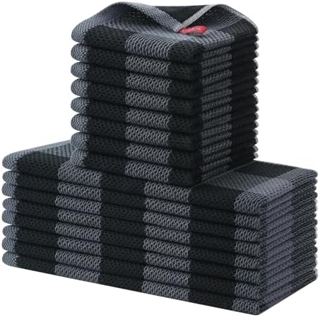 Homaxy 100% Cotton Kitchen Towels and Dishcloths Set of 16, Black &