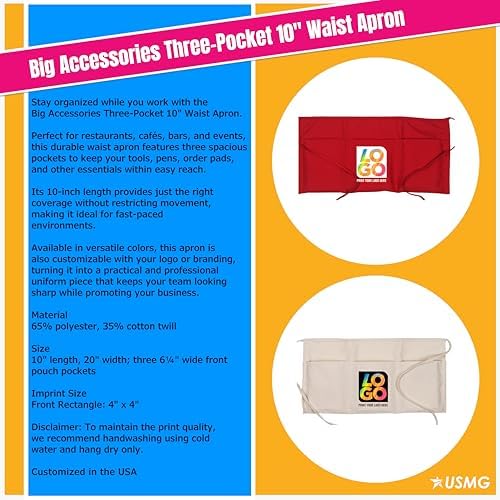 Custom Printed Big Accessories 3-Pocket Waist Apron for Work & Events