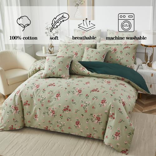 FADFAY Queen Size 100% Cotton Shabby Sage Green Floral Duvet Cover Set