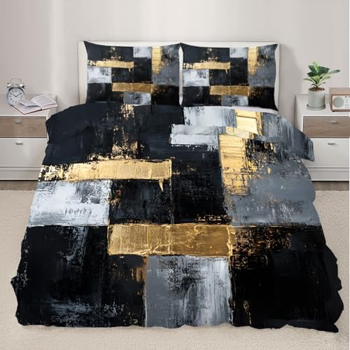 Graffiti Duvet Cover Set Black Gray and Gold Bedding Set 3 Piece for