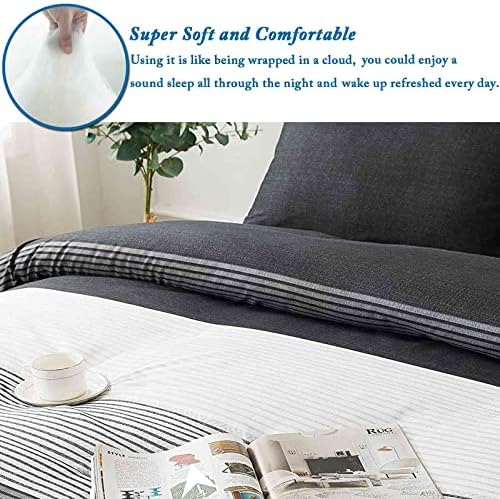 Faincy King Comforter Set, Grey & Black Patchwork Stripe Pattern Print
