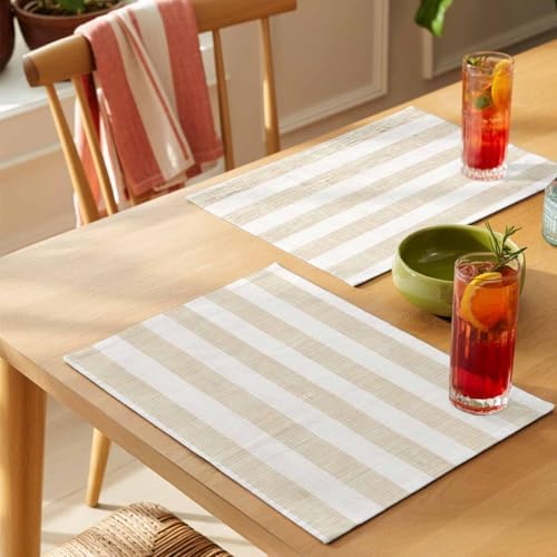 Placemats Set of 6, Beige Stripe Cotton Linen Place Mats, Vintage