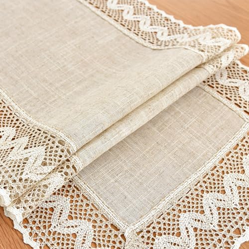 Linen Rustic Farmhouse Style Short Table Runner Beige Lace Basic Flax