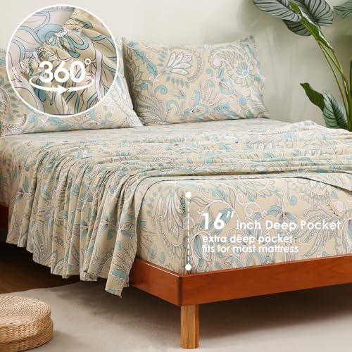 JSD 100% Cotton Sheet Set Full, Vintage Beige Paisley Sateen Sheets