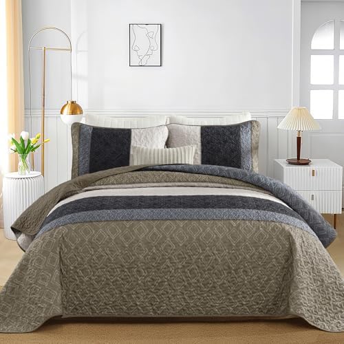 Cottolester Boho Quilt Set King,Black Taupe Striped Plaid Coverlet Set