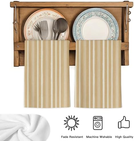 Brown Beige Striped Kitchen Towels Set of 3, Absorbent Dish Towels for