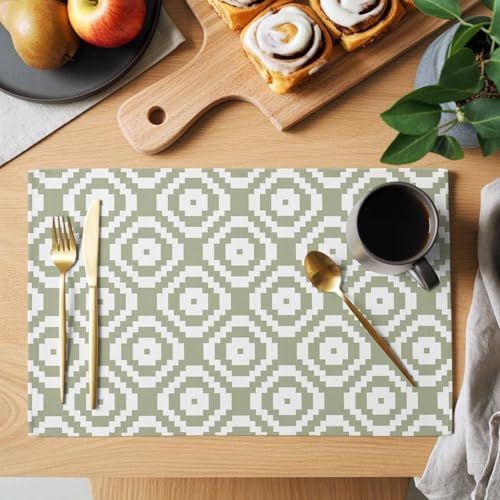 Placemats Set of 8, Sage Green White Geometric Woven Placemat, Linen