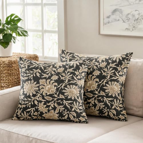 Vintage Floral Pillow Covers 18x18 Set of 2 Dark Grey Retro Botanical