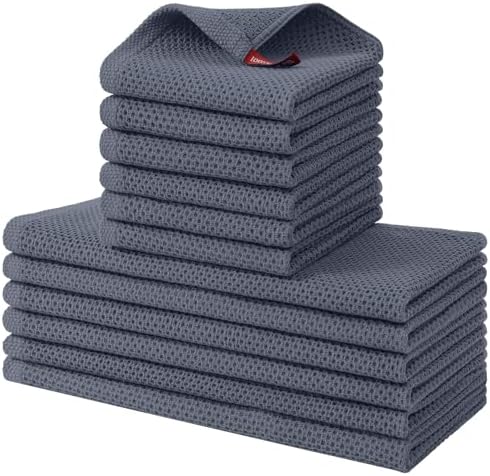 Kitinjoy 100% Cotton Kitchen Towels and Dishcloths Set, 12 Pack- Dark