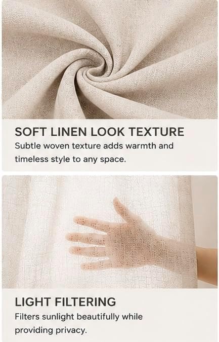Rooh Threads Linen Sheer Curtains 84 Inches Long, 2 Panels Set, Light