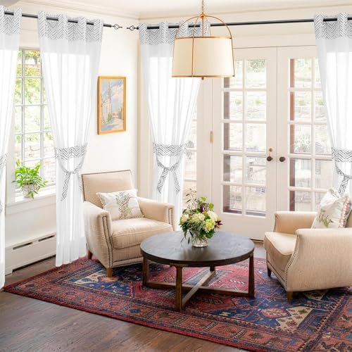 L.Z.E White Sheer Curtains 63 Inch Length 2 Panels Set, Elegant Silver