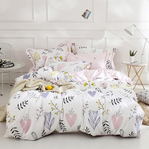 Pink Floral Duvet Cover Set Queen Girls Aesthetic Bedding Set 100%