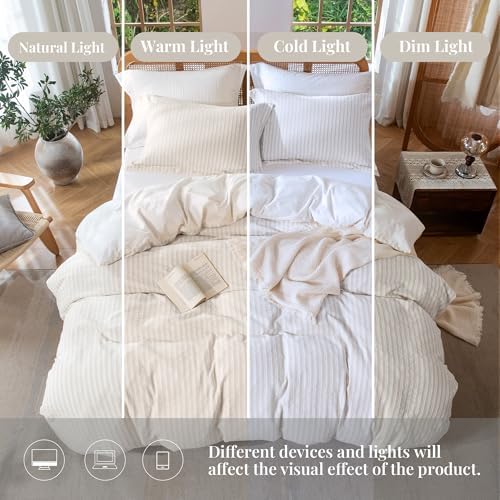 MILDLY Jacquard Striped Duvet Cover Set 2pcs Dual Zipper Beige Twin