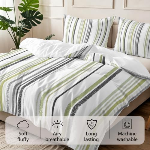 Black Green Stripes California King Duvet Cover Set, Country Vintage