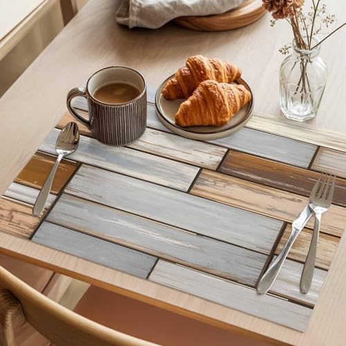 Country Vintage Wood Plank Placemats Set of 4 Washable Table Mats for