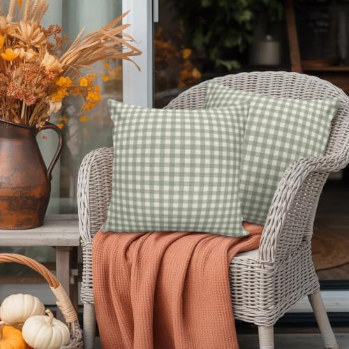 Outdoor Pillow Covers Set of 2, Rustic Sage Green Beige Checker