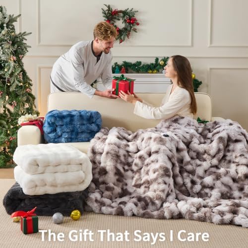Fluffy Faux Fur Heated Blanket King Size,Cream,90"x100"