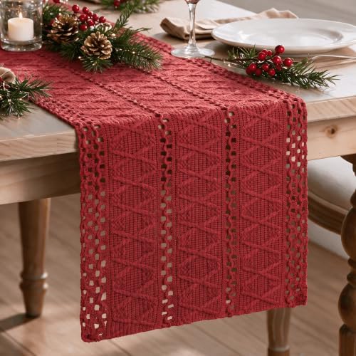 Artoid Mode Rose Red Woven Farmhouse Hollow Table Runner 12x120 Inch